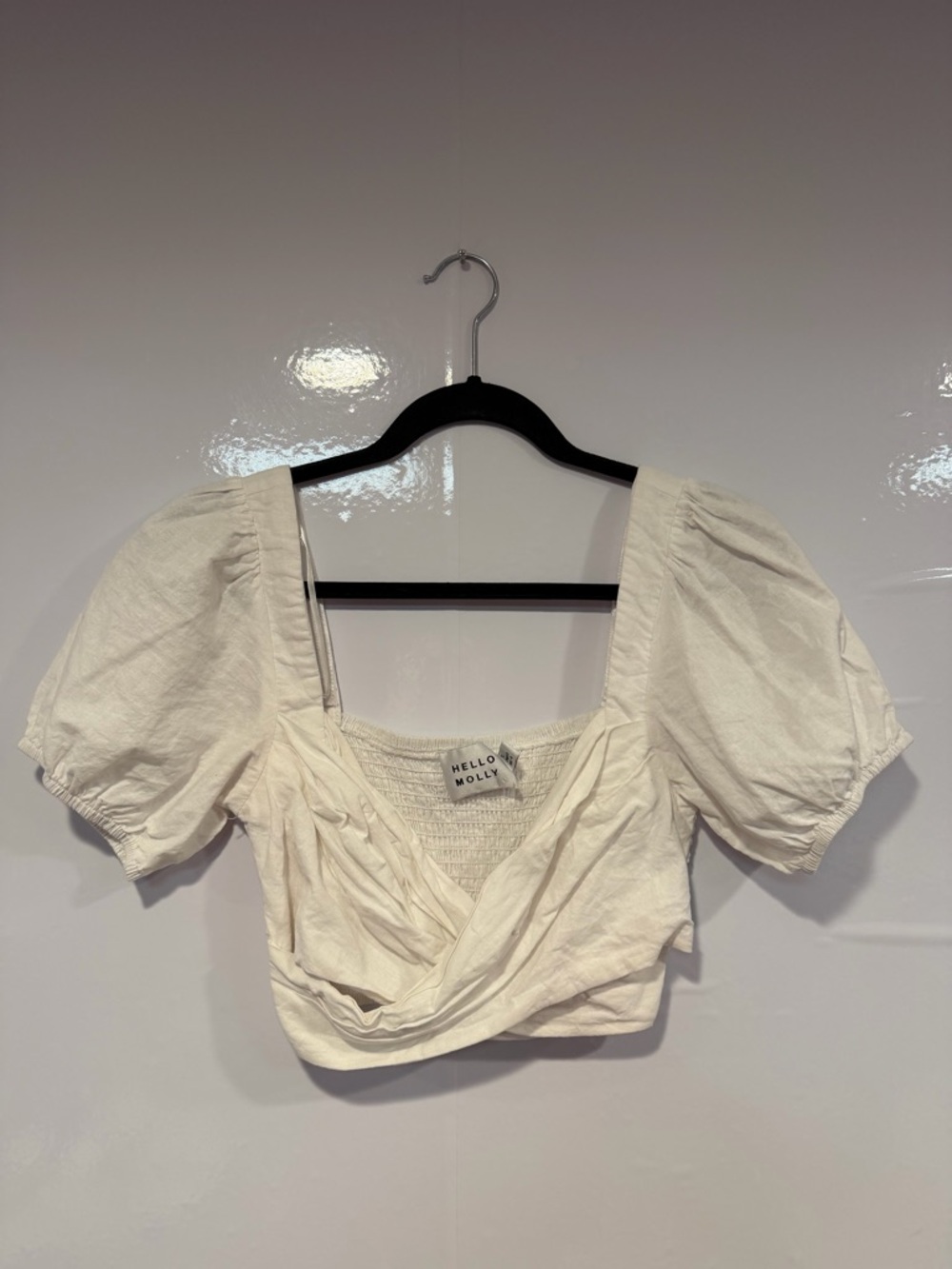 Hello Molly White Linen Cotton Blend Wrap Puff Sleeve Crop Top Womens Small 4